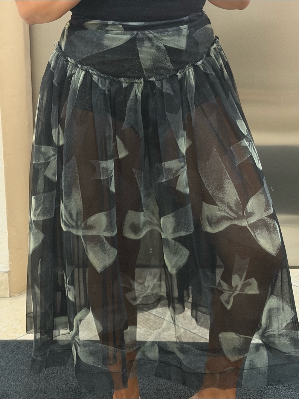 Kimchi Blue Black Tulle Midi Skirt with Mint Bow Pattern